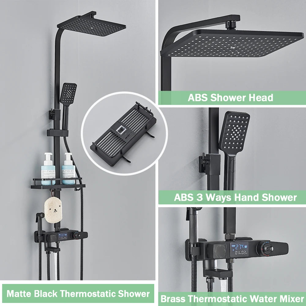 Black Digital Display Thermostatic Shower Faucet β 4-Way Rainfall Shower Mixer with Shelf & Bidet Faucets