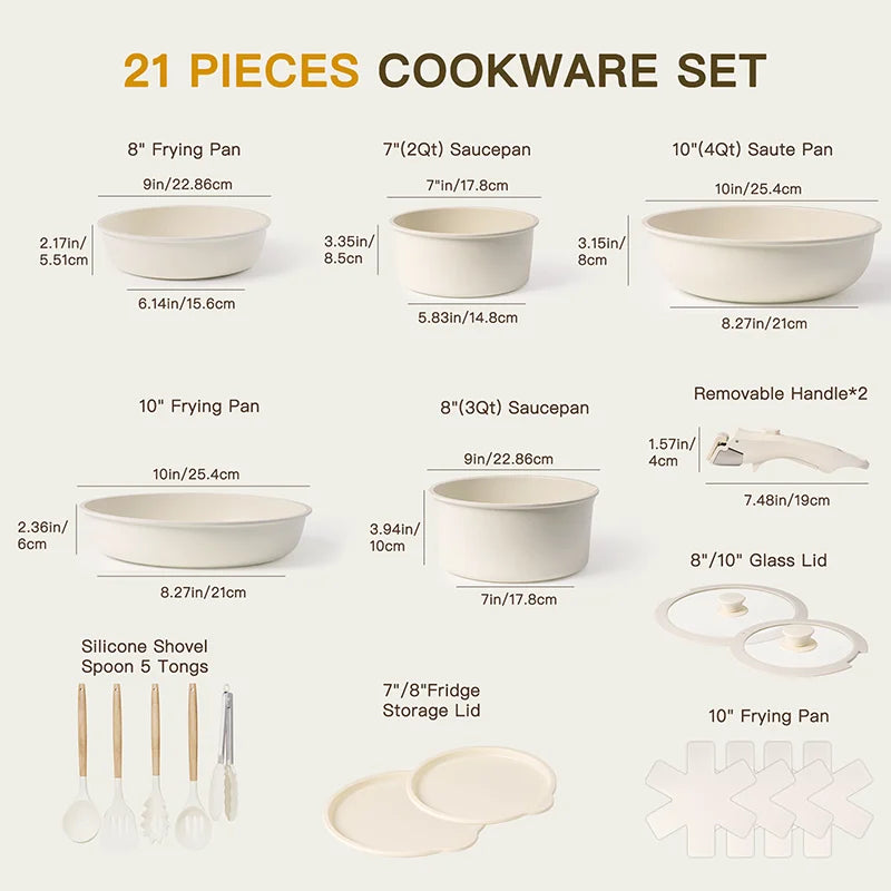 21-Piece Non-Stick Cookware Set – Astercook Ceramic Pots & Pans with Sensor Handles, Milky White