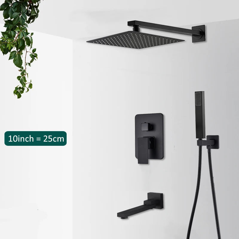 Black Concealed Shower System – Rainfall Waterfall Bathroom Faucet Set with Tub Spout