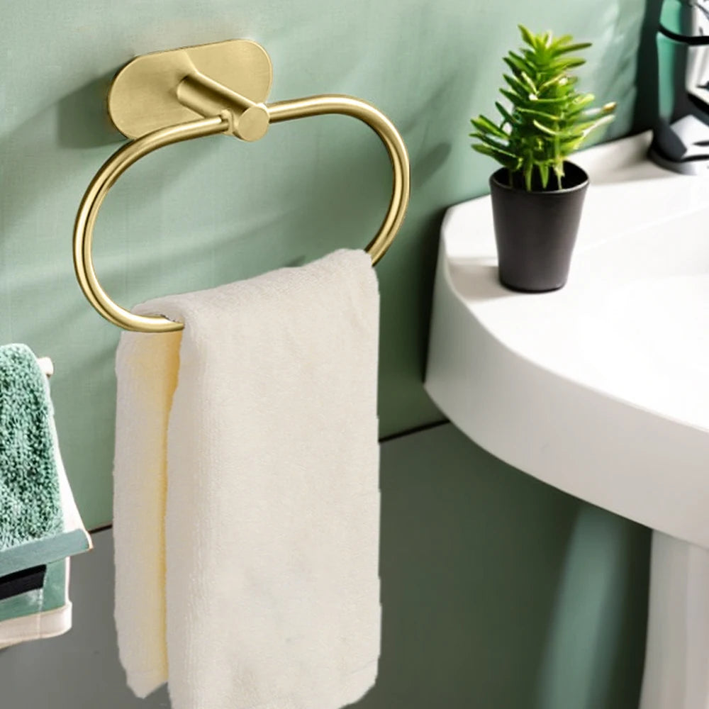 Stainless Steel Towel Holder – Self-Adhesive Bathroom & Kitchen Rack, Black Ring Rail Bar