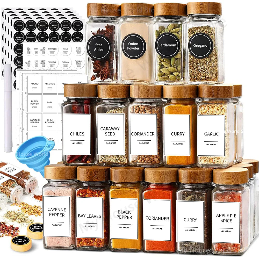 13-Piece Glass Spice Jar Set – 4oz Jars with Bamboo Lids for Kitchen Storage & Organization
