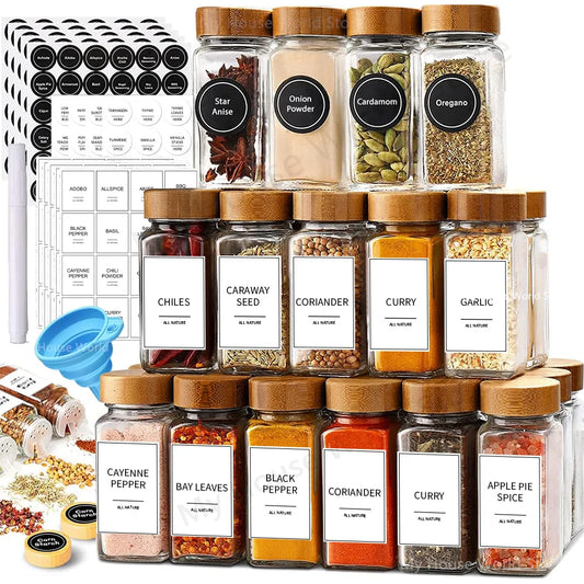 13-Piece Glass Spice Jar Set – 4oz Jars with Bamboo Lids for Kitchen Storage & Organization