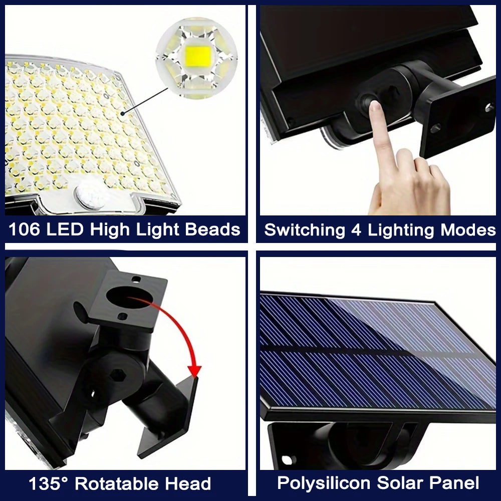 106 LED Solar Motion Light – Outdoor Flood Light with Separate Panel & 3 Modes for Garden, Garage & Street