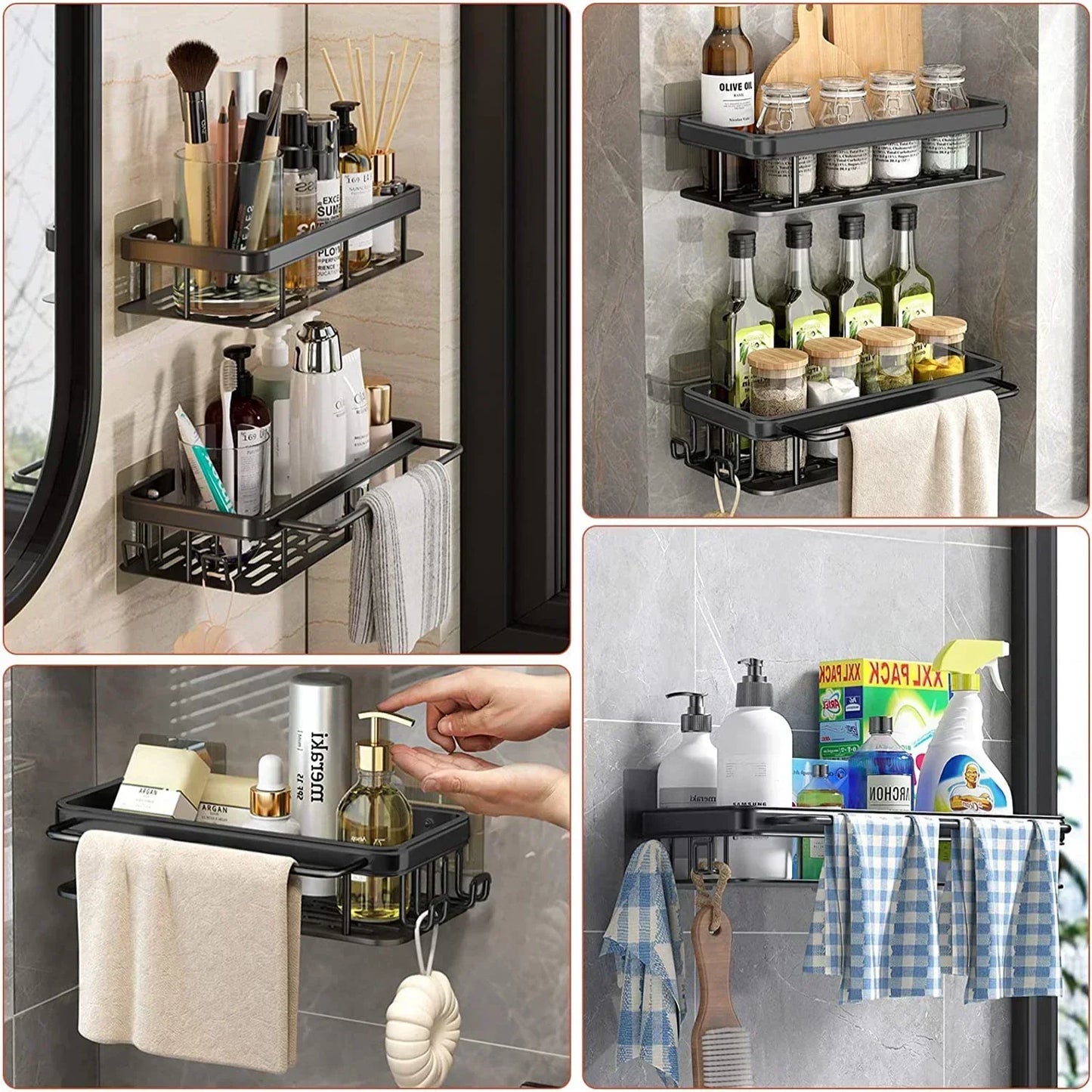 Aluminum Wall-Mounted Bathroom & Kitchen Shelf – No-Drill Shampoo & Shower Storage Rack