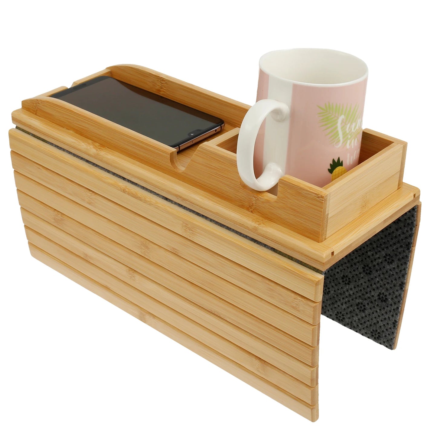 Bamboo Sofa Armrest Tray with Cup Holder – Foldable Anti-Slip Couch Side Storage Tray