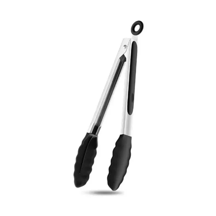 Black Silicone Kitchen Tongs – Stainless Steel BBQ & Cooking Tongs for Baking and Steak