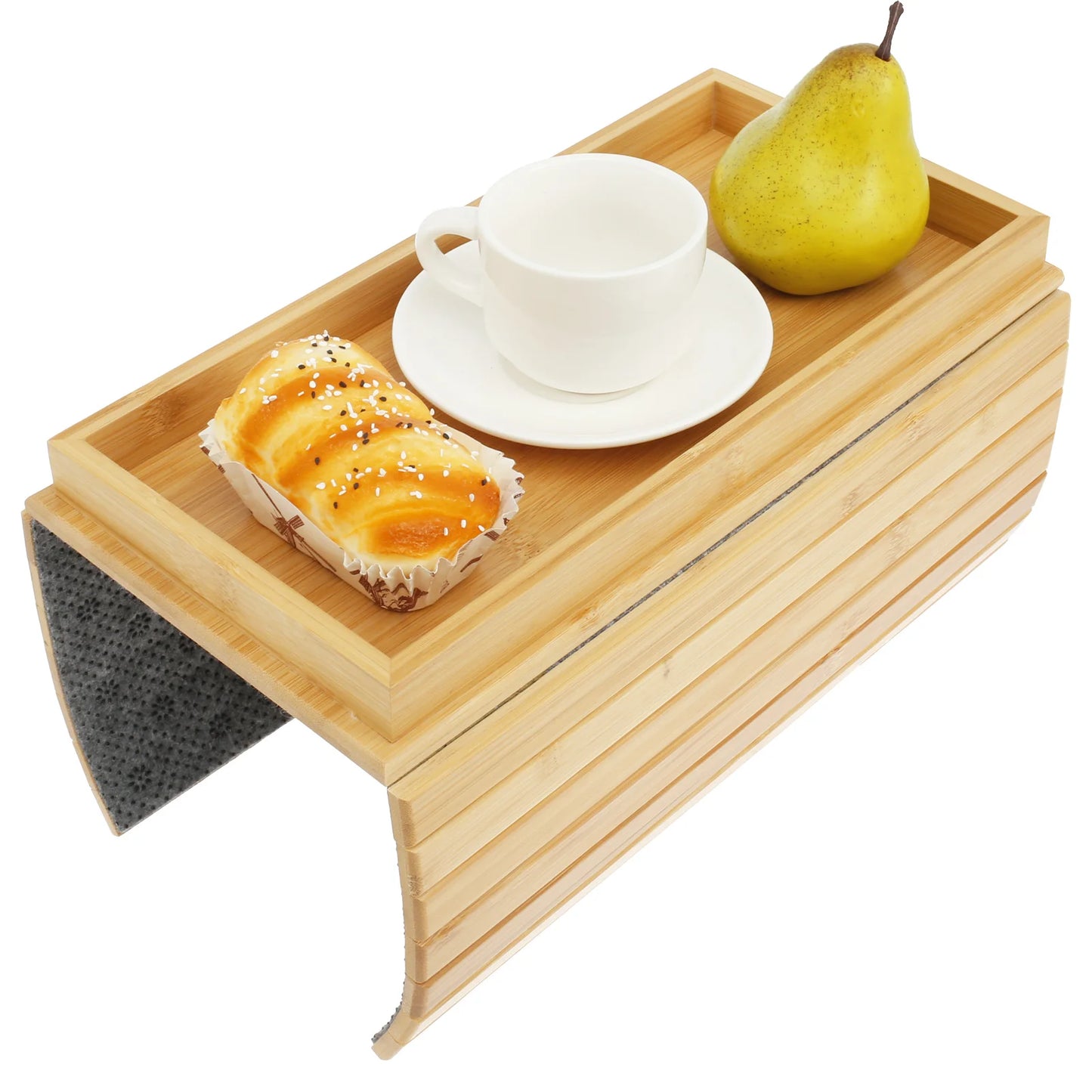 Bamboo Sofa Armrest Tray with Cup Holder – Foldable Anti-Slip Couch Side Storage Tray