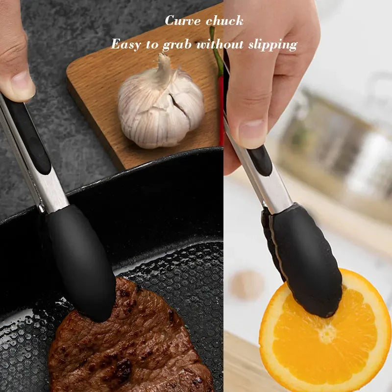 Black Silicone Kitchen Tongs – Stainless Steel BBQ & Cooking Tongs for Baking and Steak