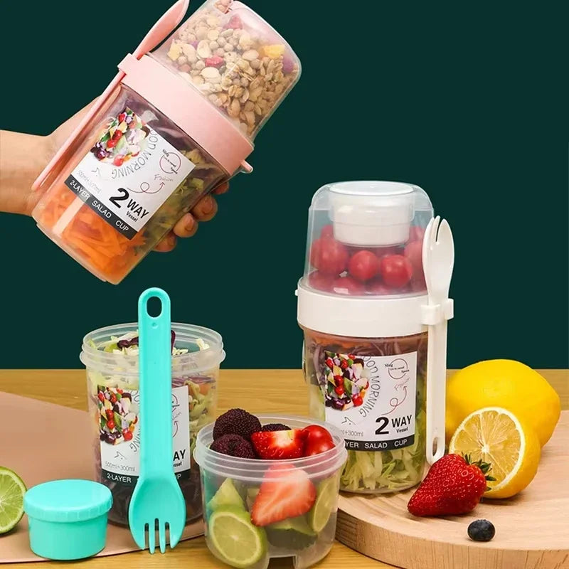 Portable Breakfast & Salad Cup – Yogurt, Cereal & Oatmeal Container with Dressing Holder, Lid & Fork