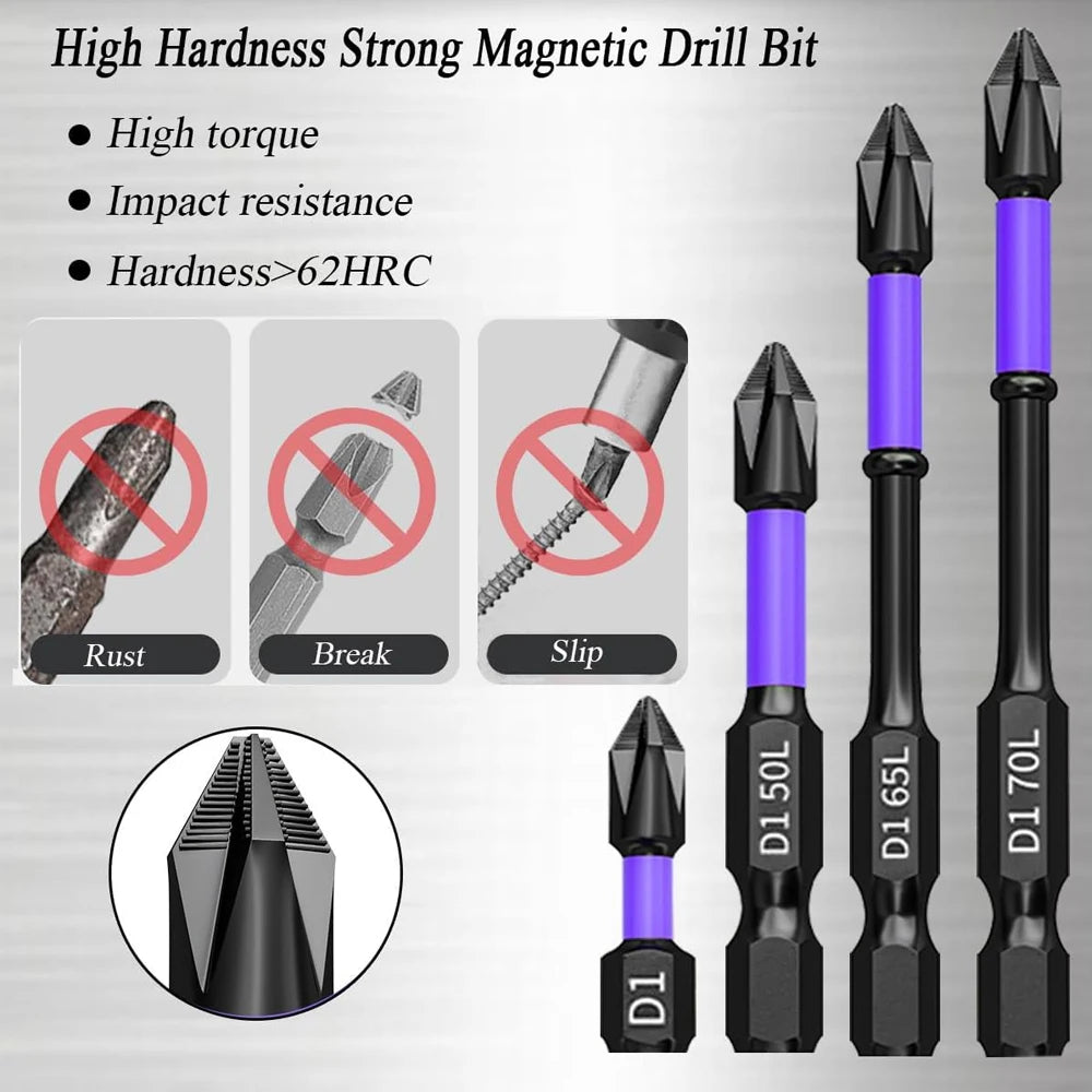 Magnetic Screwdriver Bit Set (6/12 PCS) – Non-Slip Shockproof Phillips & Hex Alloy Steel Bits for Power Tools