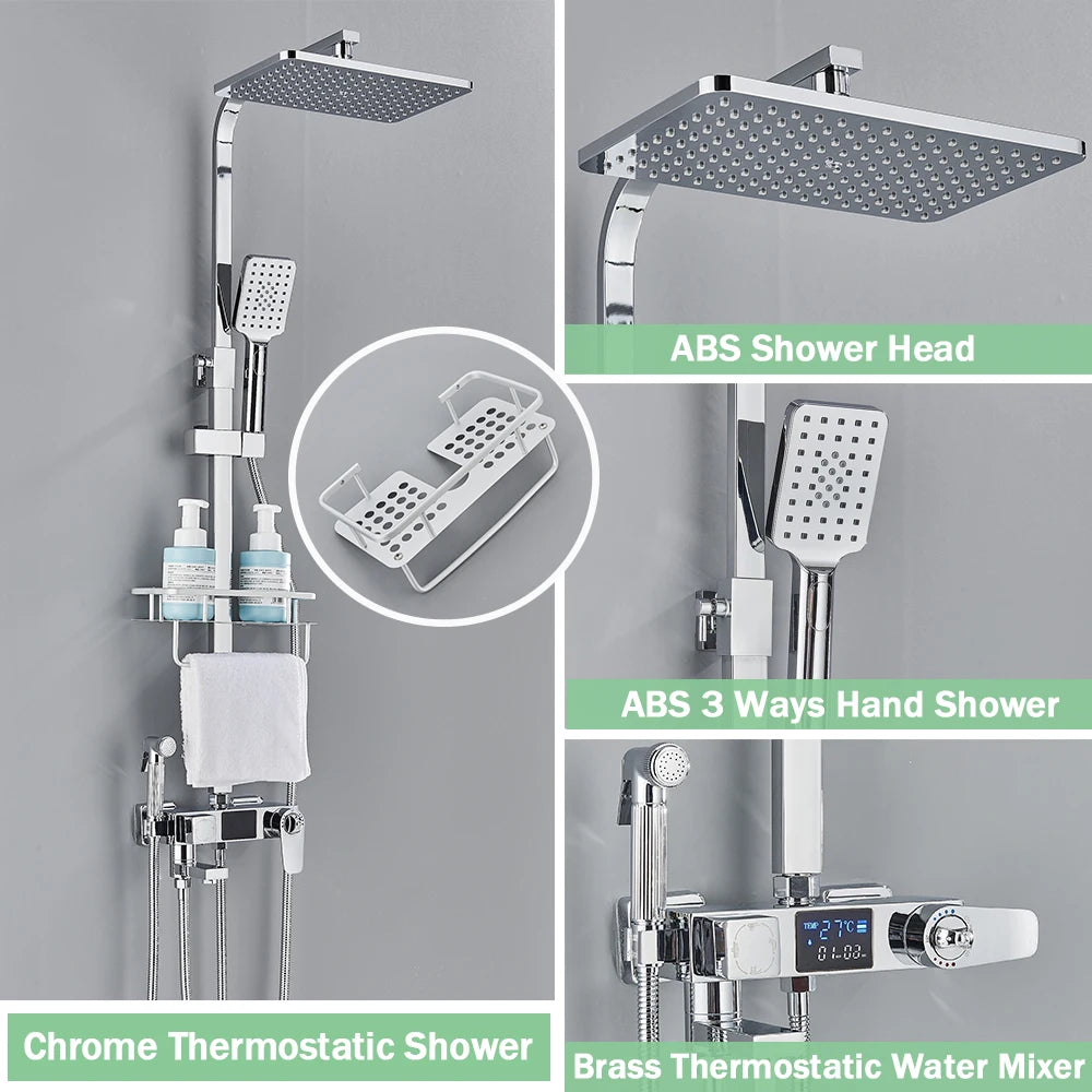 Black Digital Display Thermostatic Shower Faucet – 4-Way Rainfall Shower Mixer with Shelf & Bidet Faucets