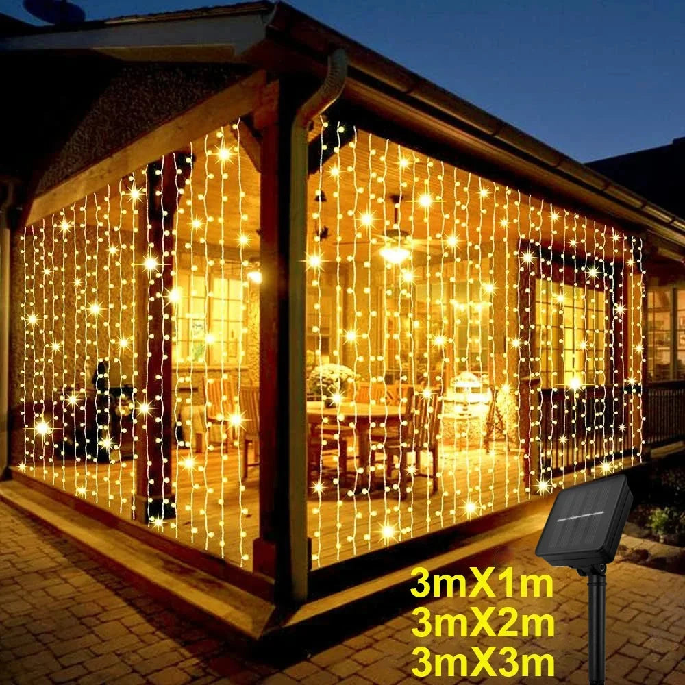 Outdoor Solar Curtain Lights – 3x3M 300LED Garland with 8 Modes for Holiday, Halloween & Christmas Decor