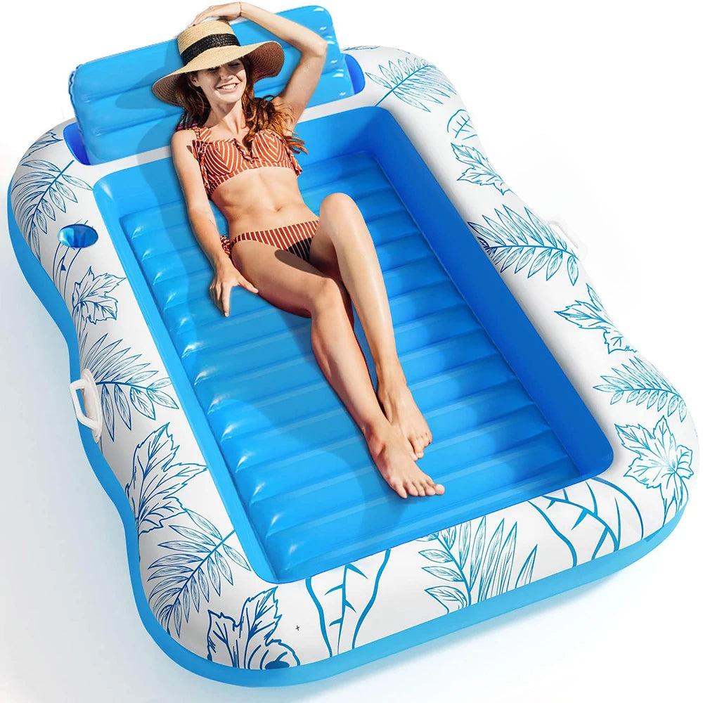 Inflatable Tanning Pool Lounge Chair – Large Floating Raft Mattress with Drink Holder for Swimming & Sunbathing