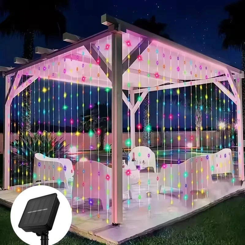 Outdoor Solar Curtain Lights – 3x3M 300LED Garland with 8 Modes for Holiday, Halloween & Christmas Decor