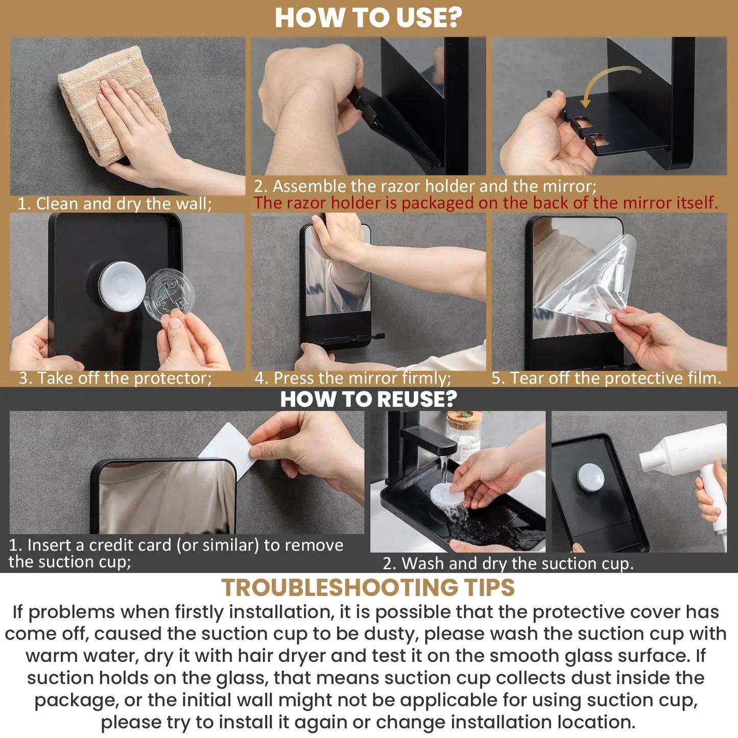 TAILI Fogless Shower Mirror for Shaving – Fog-Free Bathroom Mirror with Razor Holder, Suction Mount, Rust-Proof & Removable