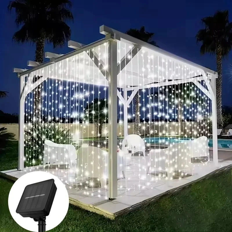 Outdoor Solar Curtain Lights – 3x3M 300LED Garland with 8 Modes for Holiday, Halloween & Christmas Decor