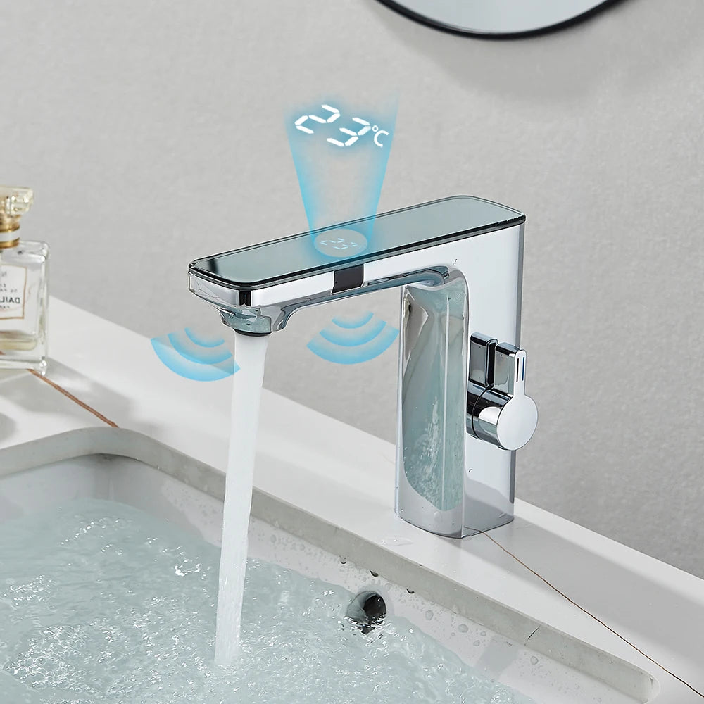 White Smart Sensor Basin Faucet – Touchless Digital Display Hot & Cold Water Mixer Bathroom Sink Tap