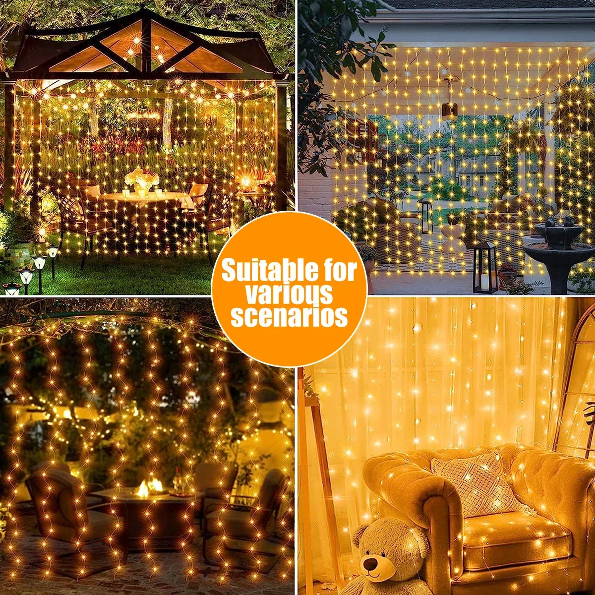 Outdoor Solar Curtain Lights – 3x3M 300LED Garland with 8 Modes for Holiday, Halloween & Christmas Decor