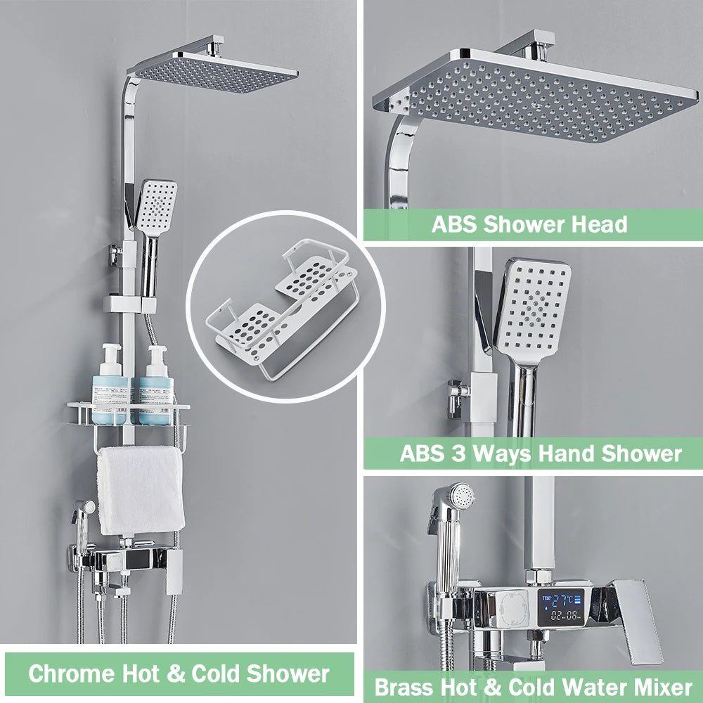 Black Digital Display Thermostatic Shower Faucet – 4-Way Rainfall Shower Mixer with Shelf & Bidet Faucets