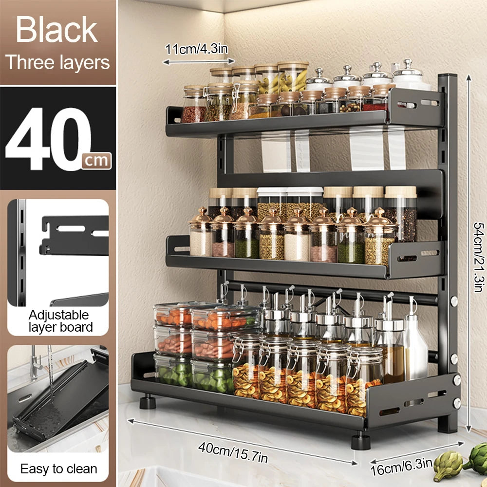 3-Tier Spice Storage Rack – Adjustable Countertop & Cabinet Organizer, Metal Shelf (Black)