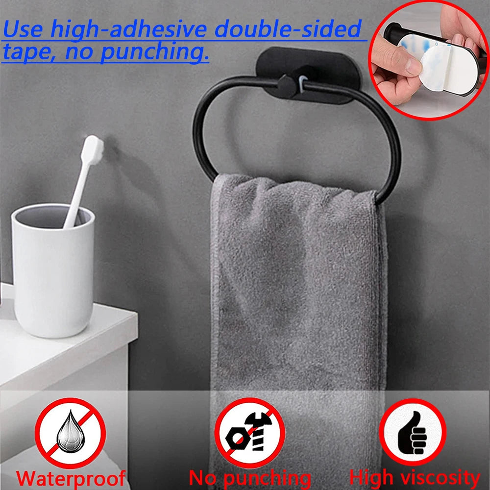 Stainless Steel Towel Holder – Self-Adhesive Bathroom & Kitchen Rack, Black Ring Rail Bar