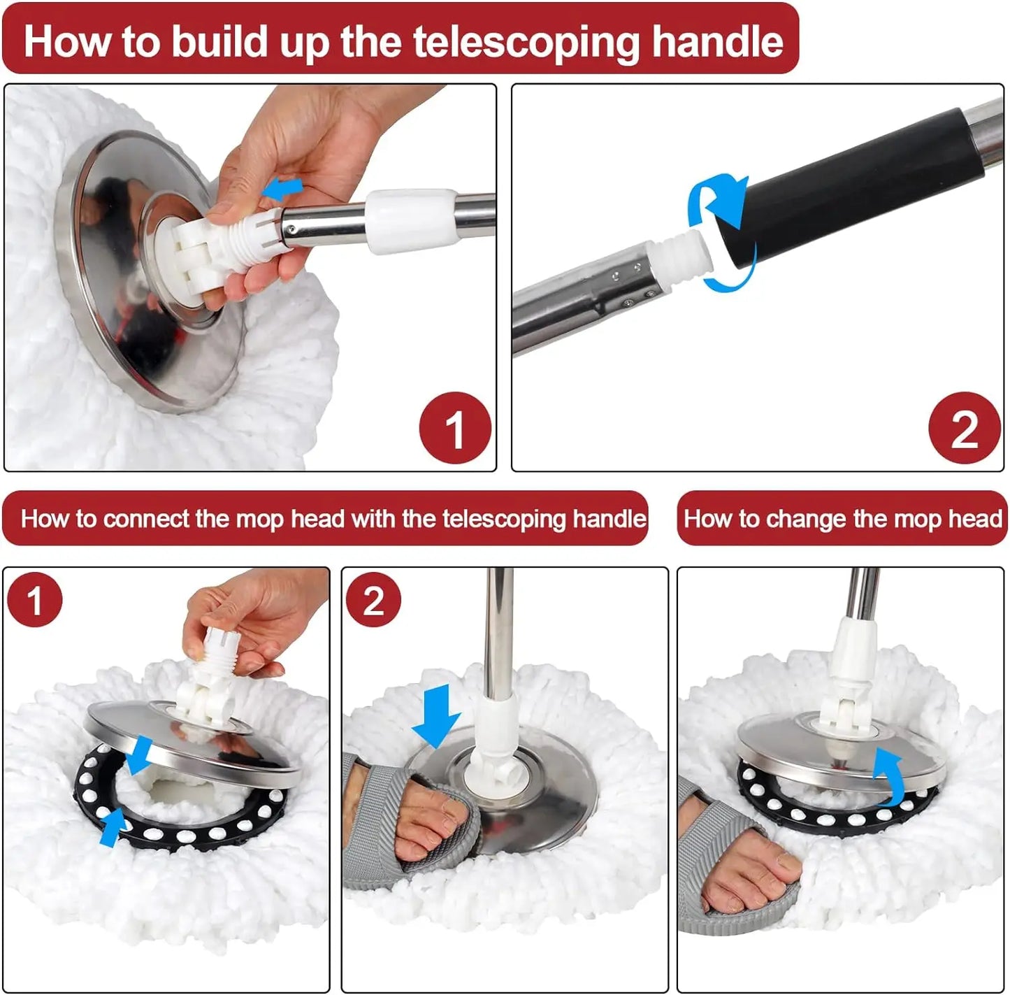 360° Spin Mop & Bucket Set – Wring System with 3 Microfiber Heads, Stainless Steel Basket & 61″ Extended Handle