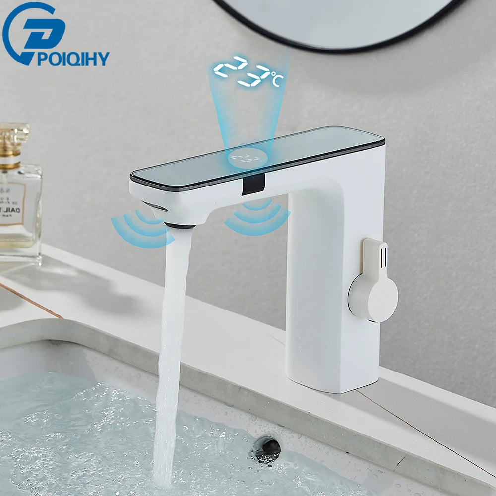 White Smart Sensor Basin Faucet – Touchless Digital Display Hot & Cold Water Mixer Bathroom Sink Tap