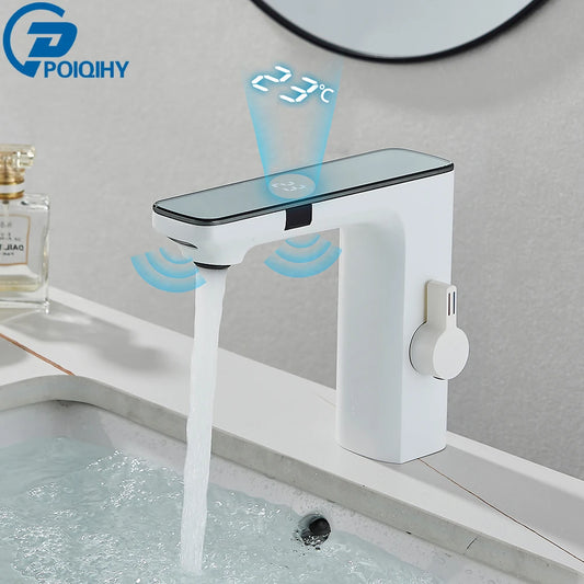 White Smart Sensor Basin Faucet – Touchless Digital Display Hot & Cold Water Mixer Bathroom Sink Tap