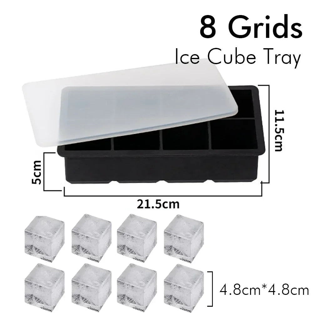 4/6/8 Grid Silicone Ice Cube Molds – Square & Ice Ball Tray with Lid for Whiskey & Drinks