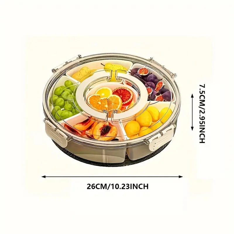 Divided Rotating Serving Tray – Portable Snack Box with Lid & Handle for Fruits, Snacks & Veggies