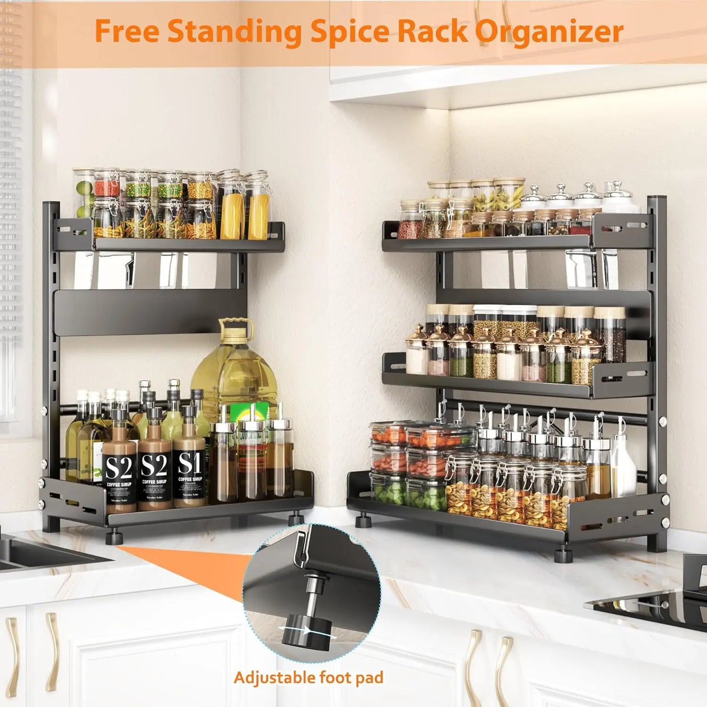 3-Tier Spice Storage Rack – Adjustable Countertop & Cabinet Organizer, Metal Shelf (Black)