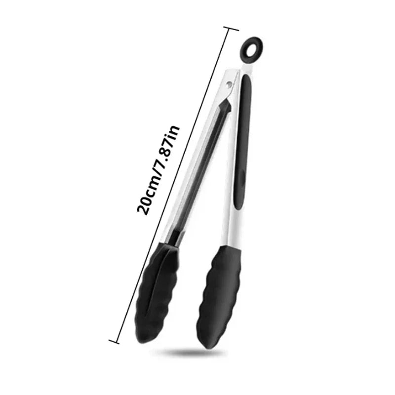 Black Silicone Kitchen Tongs – Stainless Steel BBQ & Cooking Tongs for Baking and Steak