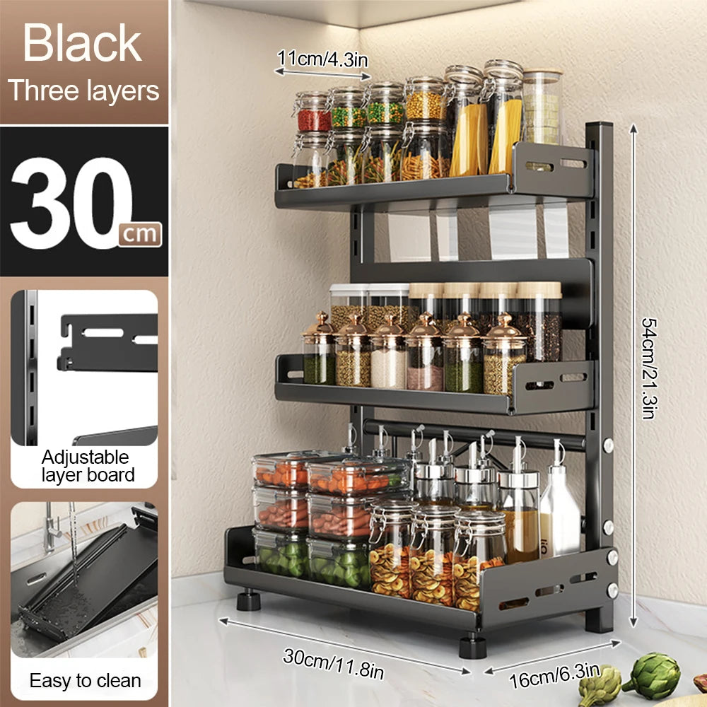 3-Tier Spice Storage Rack – Adjustable Countertop & Cabinet Organizer, Metal Shelf (Black)