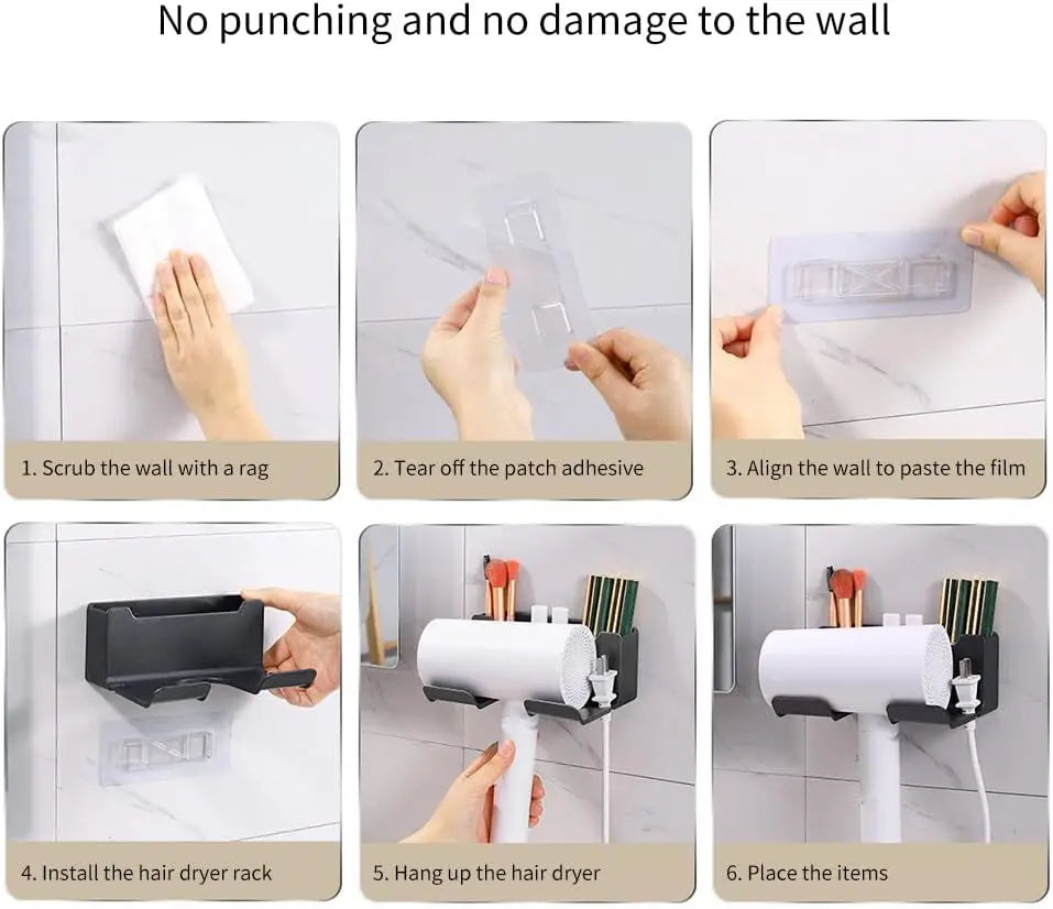 Wall-Mounted Hair Dryer Holder – Multi-Functional Bathroom & Kitchen Storage Rack