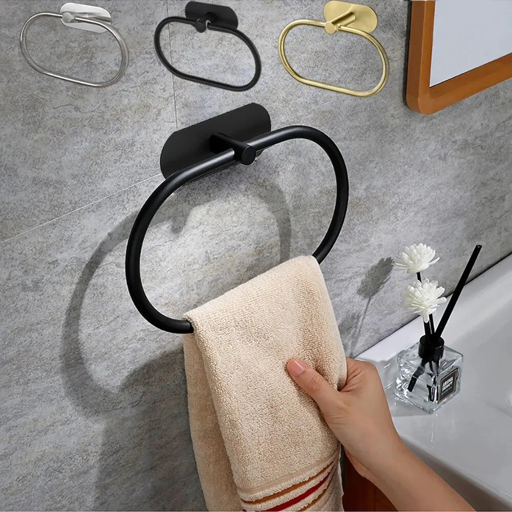 Stainless Steel Towel Holder – Self-Adhesive Bathroom & Kitchen Rack, Black Ring Rail Bar
