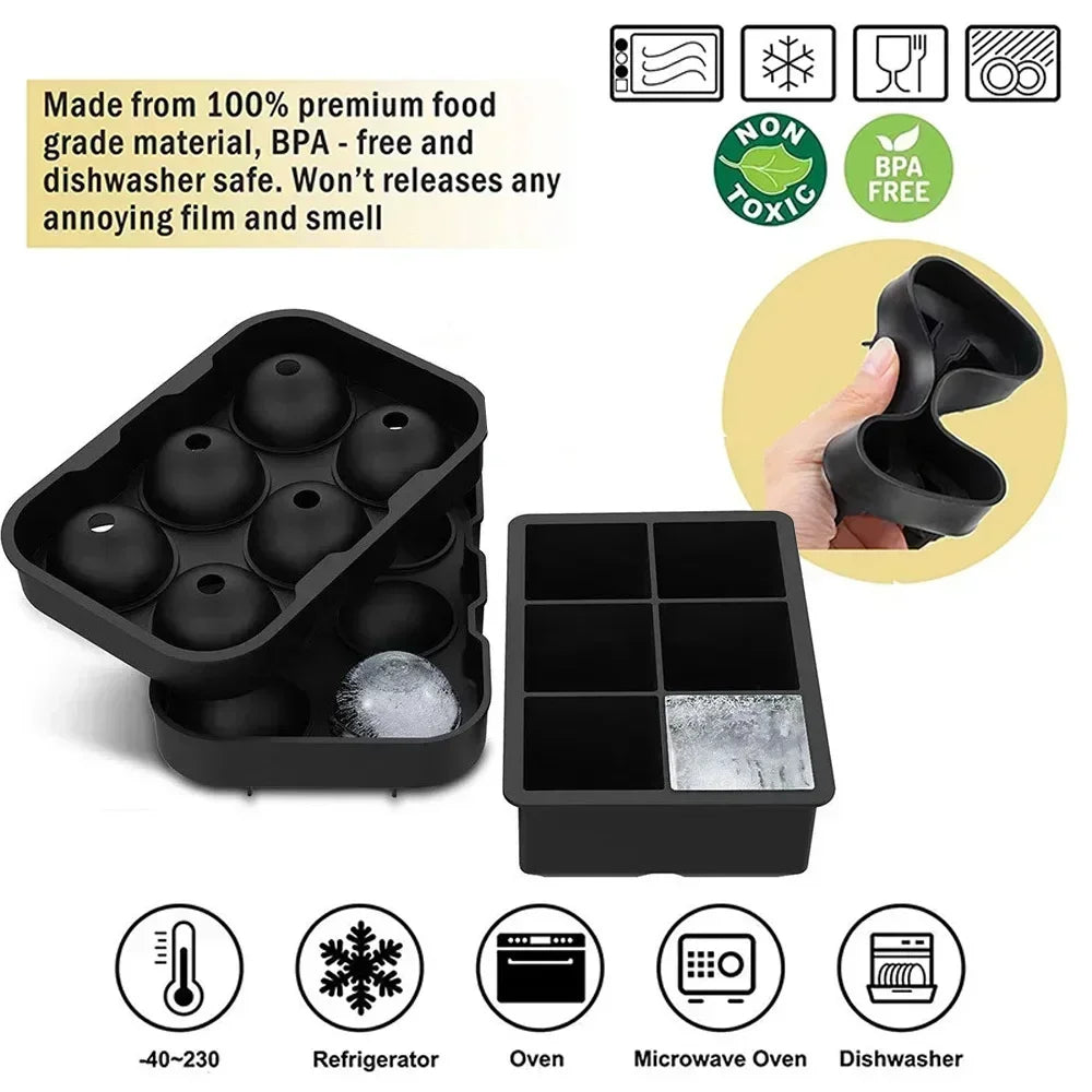 4/6/8 Grid Silicone Ice Cube Molds – Square & Ice Ball Tray with Lid for Whiskey & Drinks
