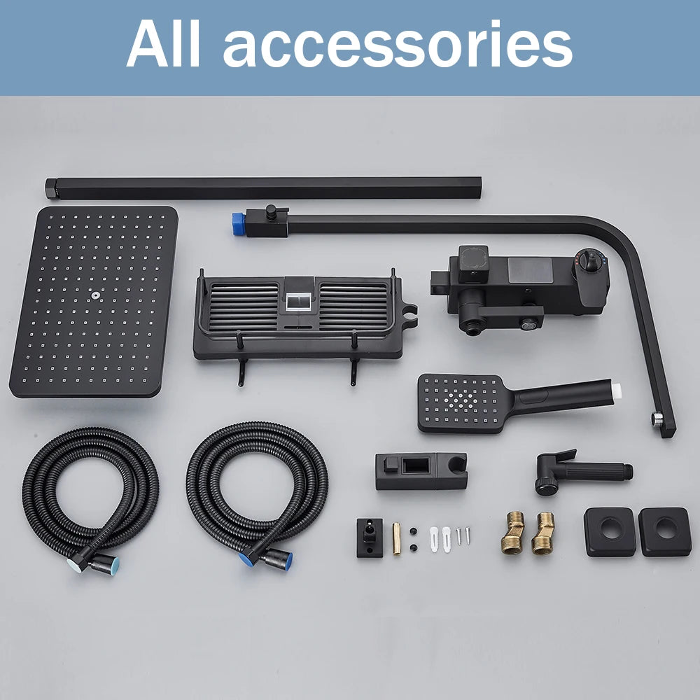 Black Digital Display Thermostatic Shower Faucet – 4-Way Rainfall Shower Mixer with Shelf & Bidet Faucets