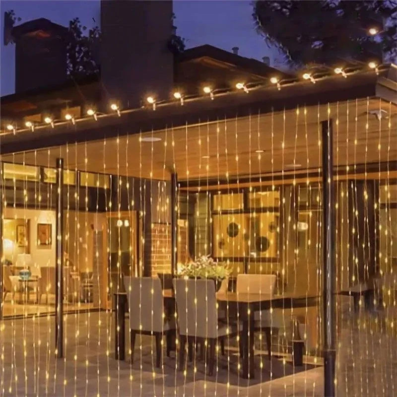 Outdoor Solar Curtain Lights – 3x3M 300LED Garland with 8 Modes for Holiday, Halloween & Christmas Decor