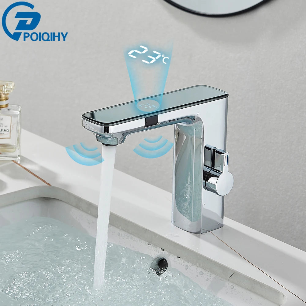 White Smart Sensor Basin Faucet – Touchless Digital Display Hot & Cold Water Mixer Bathroom Sink Tap