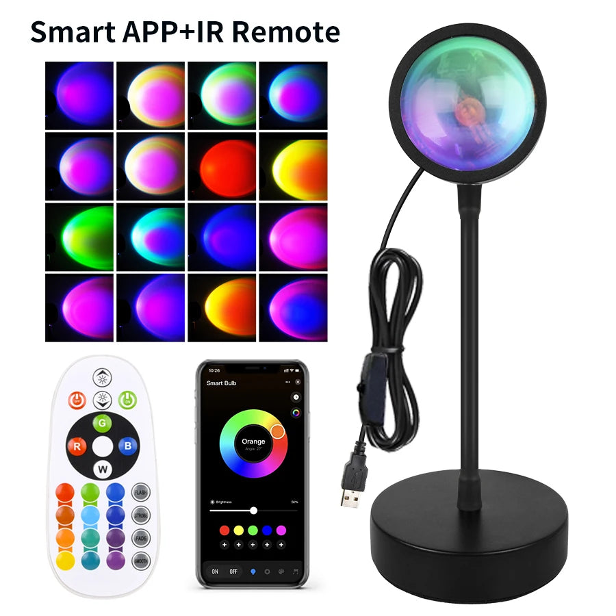 Smart Sunset Projection Lamp – Tuya RGB LED Night Light with App & Remote Control for Room Decor & Photography