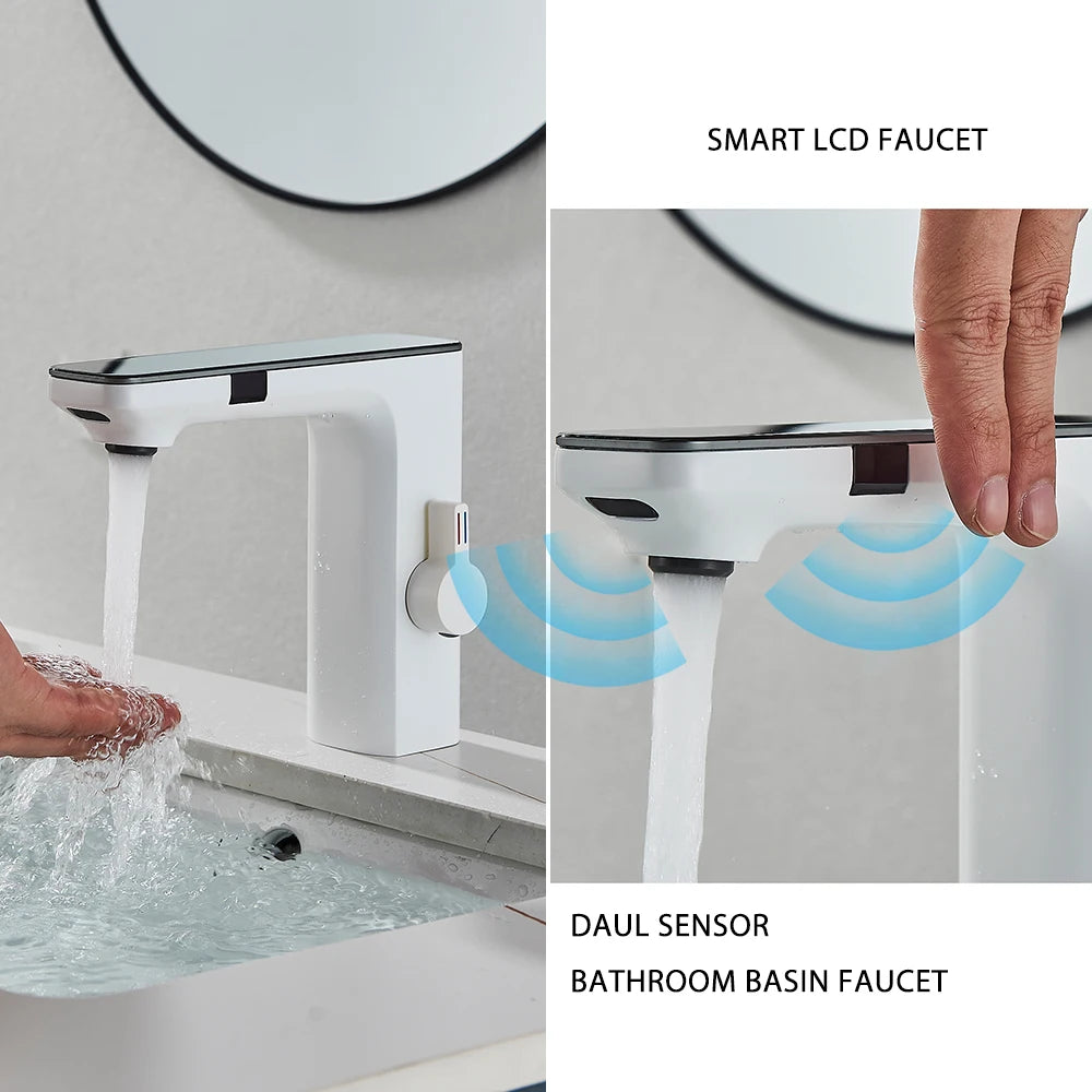 White Smart Sensor Basin Faucet – Touchless Digital Display Hot & Cold Water Mixer Bathroom Sink Tap