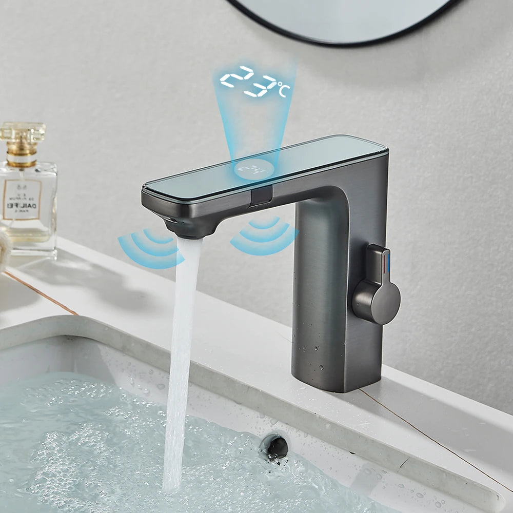 White Smart Sensor Basin Faucet – Touchless Digital Display Hot & Cold Water Mixer Bathroom Sink Tap