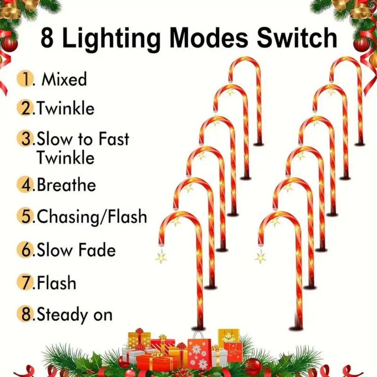 8PCS Solar Garden Cane Lights – 8-Function Waterproof Decorative Xmas Candy Lights