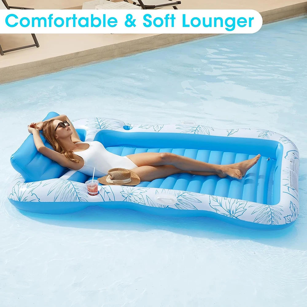 Inflatable Tanning Pool Lounge Chair – Large Floating Raft Mattress with Drink Holder for Swimming & Sunbathing