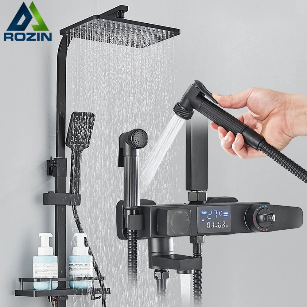Black Digital Display Thermostatic Shower Faucet – 4-Way Rainfall Shower Mixer with Shelf & Bidet Faucets