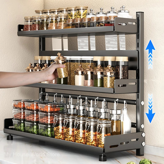 3-Tier Spice Storage Rack – Adjustable Countertop & Cabinet Organizer, Metal Shelf (Black)