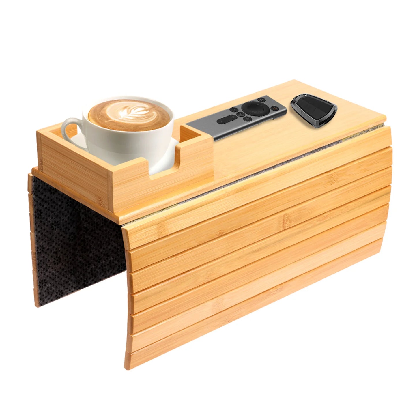 Bamboo Sofa Armrest Tray with Cup Holder – Foldable Anti-Slip Couch Side Storage Tray