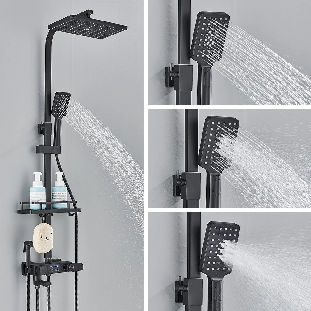 Black Digital Display Thermostatic Shower Faucet – 4-Way Rainfall Shower Mixer with Shelf & Bidet Faucets