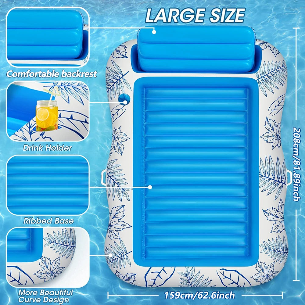 Inflatable Tanning Pool Lounge Chair – Large Floating Raft Mattress with Drink Holder for Swimming & Sunbathing