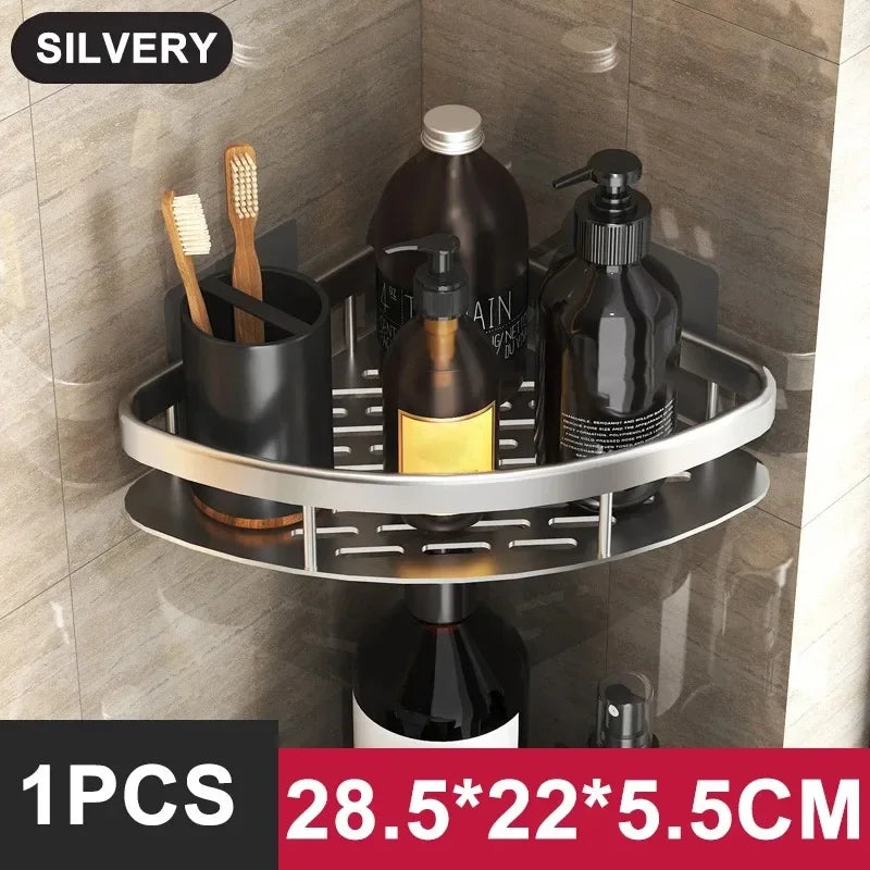 Aluminum Wall-Mounted Bathroom & Kitchen Shelf – No-Drill Shampoo & Shower Storage Rack
